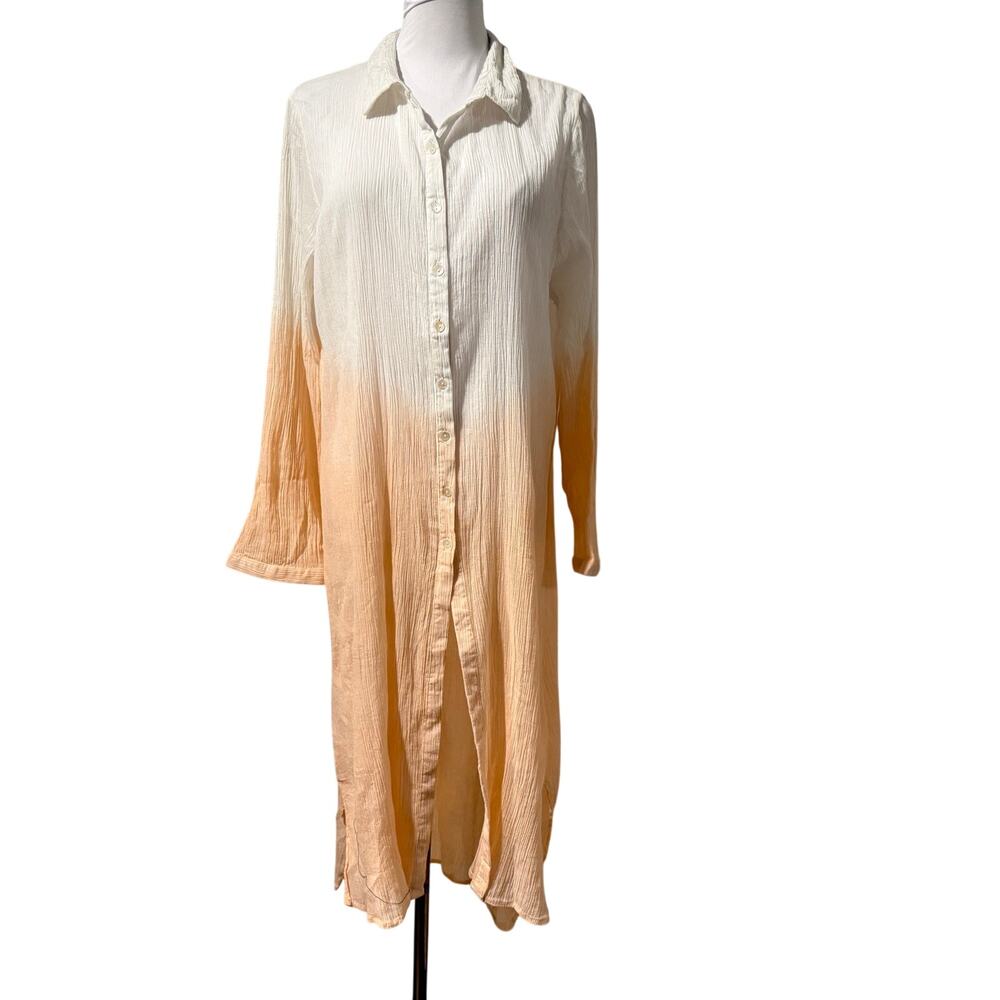 Soft Surrounding XL White Peach Ombré Cotton Gauze Maxi Shirt Dress Beach Resort